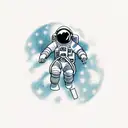a detailed astronaut floating against a white background, arms and legs splayed with tether has just broken tattoo design idea