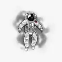 a detailed astronaut floating against a white background, arms and legs splayed with tether has just broken tattoo design idea