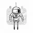 a detailed astronaut floating against a white background, arms and legs splayed with tether has just broken tattoo design idea