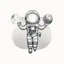 a detailed astronaut floating against a white background, arms and legs splayed with tether has just broken tattoo design idea