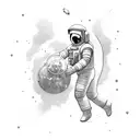 a detailed astronaut floating against a white background, arms and legs splayed with tether has just broken tattoo design idea