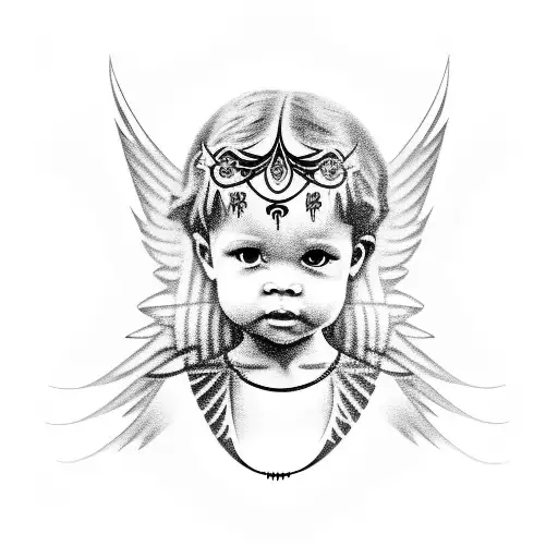 black angel child holding a necklace tattoo design idea