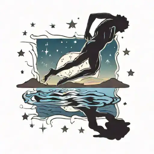The silhouette of a swimmer diving into a pool with a reflection of the moon and stars on the water's surface tattoo design idea