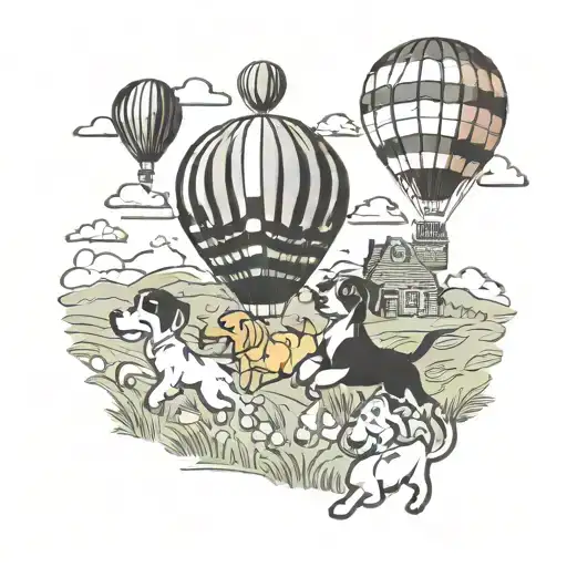 A playful scene of dogs frolicking in a field of croissants with a hot air balloon in the background tattoo design idea