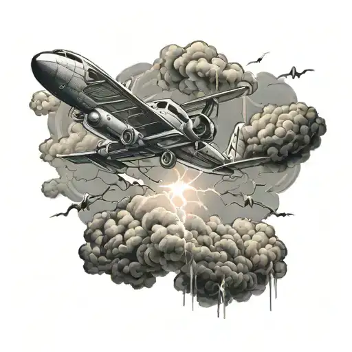 An intricate design of a plane flying through a stormy sky with lightning bolts and dark clouds tattoo design idea