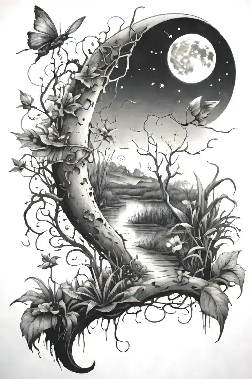 A detailed tattoo of a crescent moon shining over a swamp, with fireflies and frogs adding a touch of enchantment tattoo design idea
