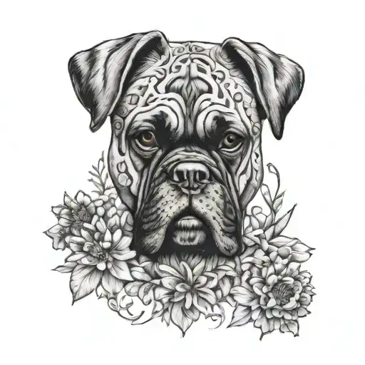 A bouquet of wildflowers arranged in the shape of a boxer dog's head, with intricate details and shading in black-grey style tattoo design idea