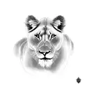 lioness with 3 cubs with a red cardinal and purple butterfly.  black and gray style photo realistic tattoo design idea