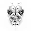 lioness with 3 cubs with a red cardinal and purple butterfly.  black and gray style photo realistic tattoo design idea