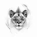lioness with 3 cubs with a red cardinal and purple butterfly.  black and gray style photo realistic tattoo design idea