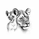lioness with 3 cubs with a red cardinal and purple butterfly.  black and gray style photo realistic tattoo design idea