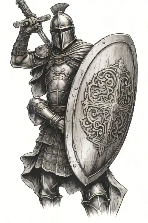 Roman soldier holding a crusader shield and sword, standing forward tattoo design idea