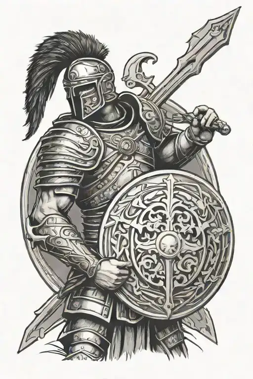 Roman soldier holding a crusaders shield and sword tattoo design idea
