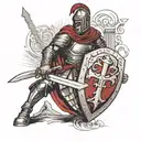 Roman soldier holding a crusader shield and sword, standing forward tattoo design idea