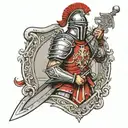 Roman soldier holding a crusader shield and sword, standing forward tattoo design idea