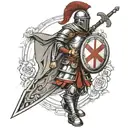 Roman soldier holding a crusader shield and sword, standing forward tattoo design idea
