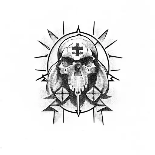 cross of the Templars whit pink cherry tree and a whit dog's skull  tattoo design idea