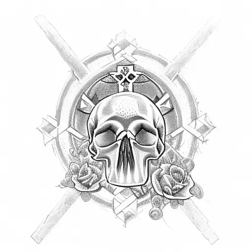 cross of the Templars whit dog's skull and pink flower of May tattoo design idea