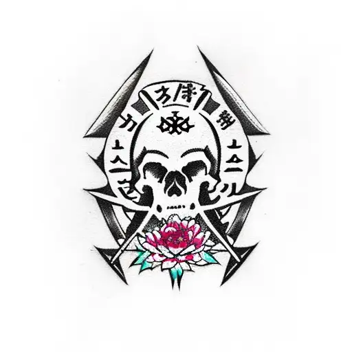 cross of the Templars whit dog's skull and pink flower of May tattoo design idea
