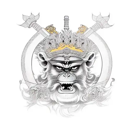 The mythical character of the Monkey King, Shoulder armor, Crown on head and grin on face, Bottom image of broken katana tattoo design idea
