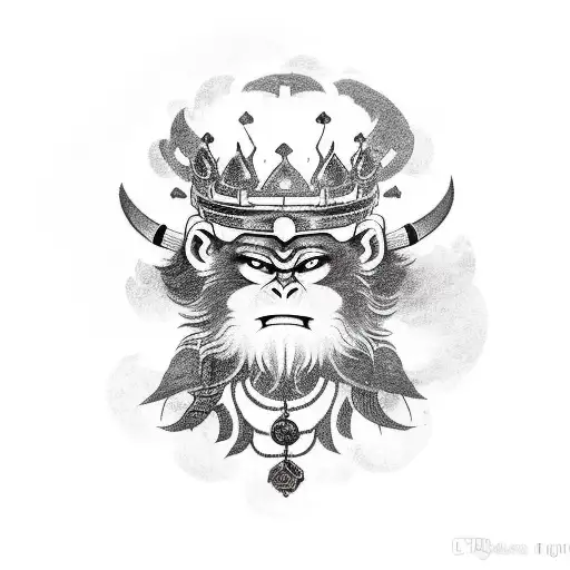 The mythical character of the Monkey King, Shoulder armor, Crown on head and grin on face, Bottom image of broken katana tattoo design idea