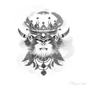 The mythical character of the Monkey King, Shoulder armor, Crown on head and grin on face, Bottom image of broken katana tattoo design idea