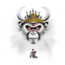 The mythical character of the Monkey King, Shoulder armor, Crown on head and grin on face, Bottom image of broken katana tattoo design idea