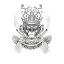 The mythical character of the Monkey King, Shoulder armor, Crown on head and grin on face, Bottom image of broken katana tattoo design idea