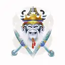 The mythical character of the Monkey King, Shoulder armor, Crown on head and grin on face, Bottom image of broken katana tattoo design idea