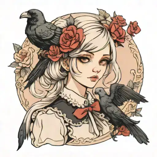 girl with crow colored hair in lolita fashion tattoo design idea