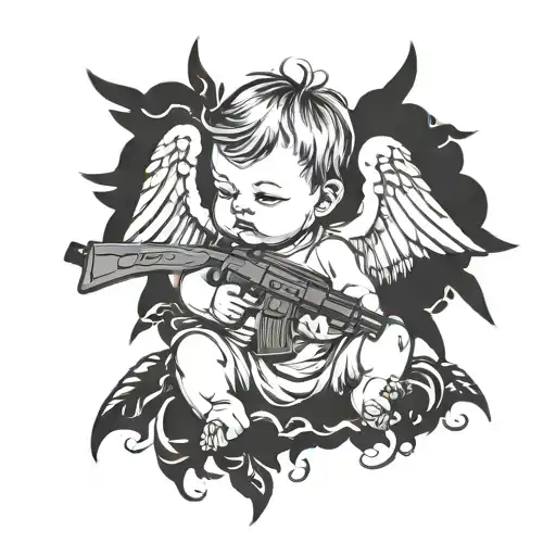 baby with wings that resembles cupid holding an AK-47  tattoo design idea