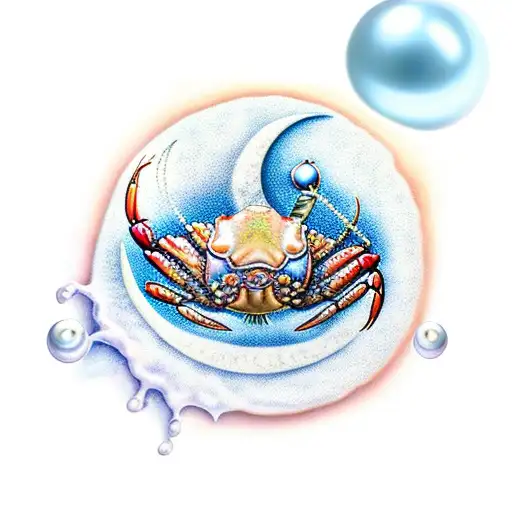 first quarter Moon and crab with pearls and water tattoo design idea