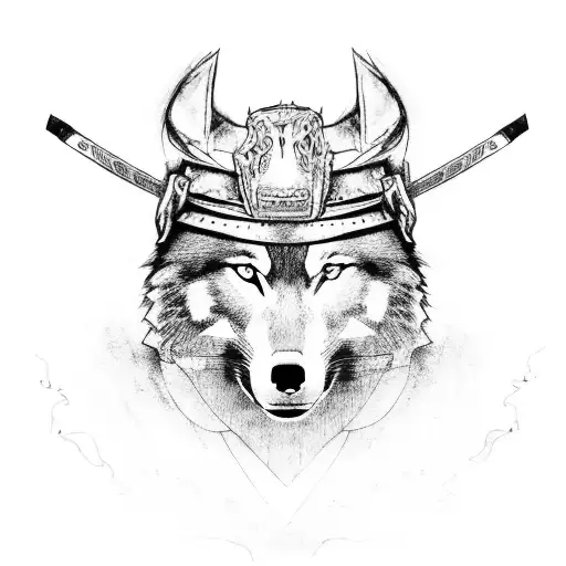 A samurai warrior standing on a mountain peak with a wolf by their side tattoo design idea