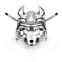 A samurai warrior standing on a mountain peak with a wolf by their side tattoo design idea