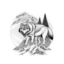 A samurai warrior standing on a mountain peak with a wolf by their side tattoo design idea