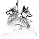 A samurai warrior standing on a mountain peak with a wolf by their side tattoo design idea