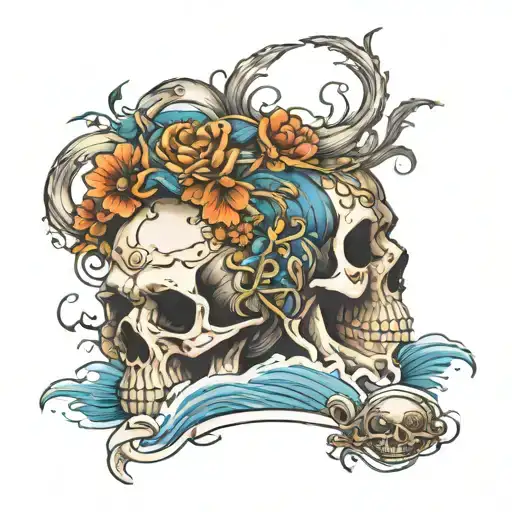 greek skull and ocean scene tattoo design idea