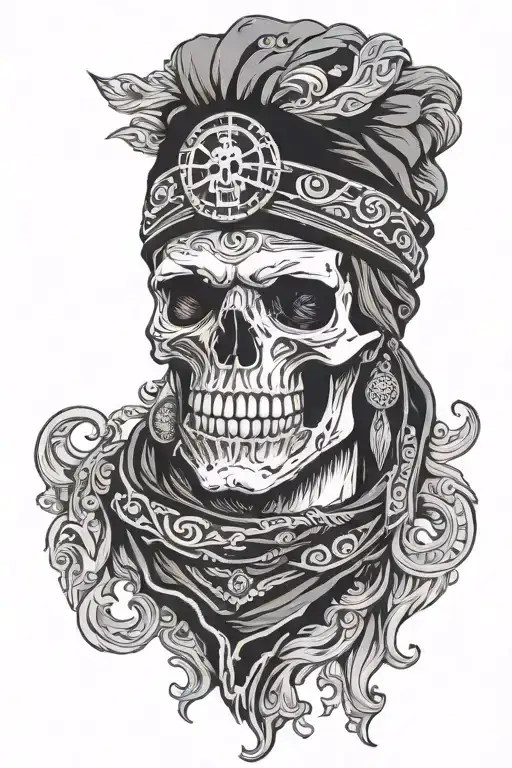 skull wearing bandana mask, greek theme with ocean tattoo design idea