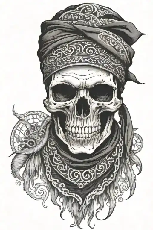 skull wearing bandana mask, greek theme with ocean tattoo design idea