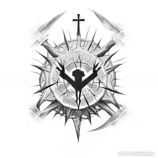 Christian Cross bleeding at the bottom with crown of thorns tattoo design idea
