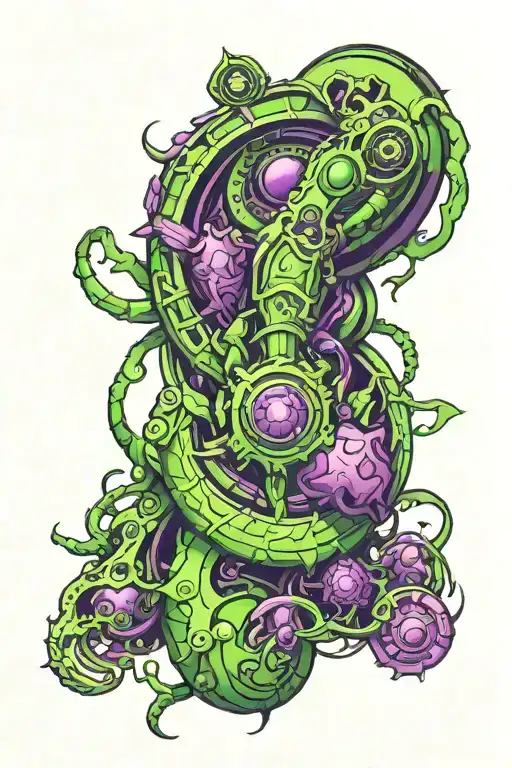 bio mech arm sleeve bright purple and green accents tattoo design idea