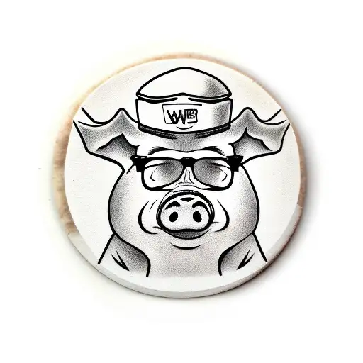 strong big cool pig has a pizza in one hand wearing rayban wayfarers and has a magnet on the other hand tattoo design idea