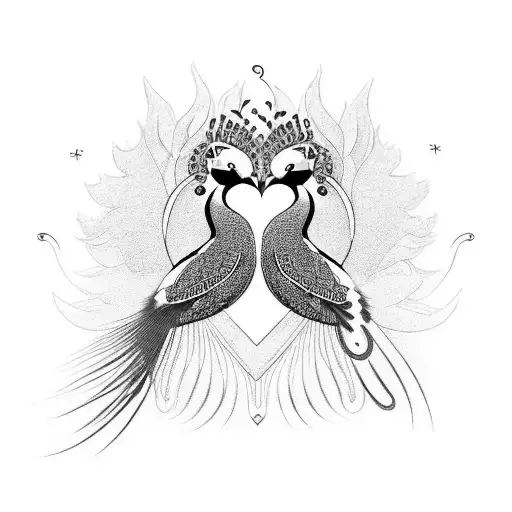 Two peacocks gracefully dancing together, forming a heart shape with their intertwined feathers, one white and one color tattoo design idea