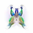 Two peacocks gracefully dancing together, forming a heart shape with their intertwined feathers, one white and one color tattoo design idea