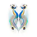 Two peacocks gracefully dancing together, forming a heart shape with their intertwined feathers, one white and one color tattoo design idea