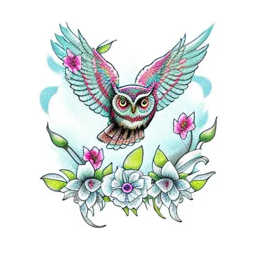 An owl with its wings spread wide, surrounded by delicate lily flowers tattoo design idea