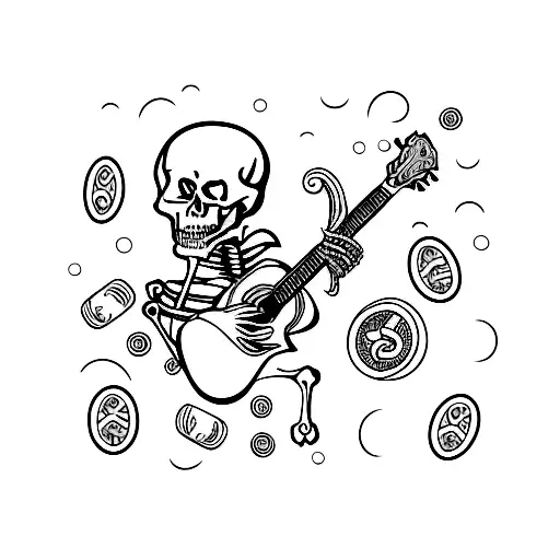 A skeleton playing a guitar surrounded by tokens tattoo design idea