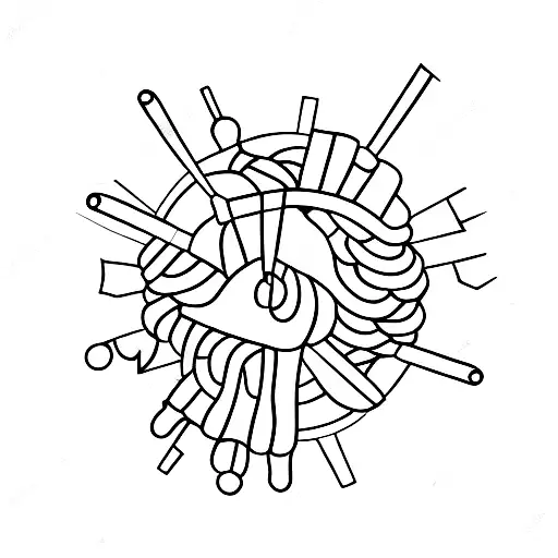 crochet hook inside a yarn ball with one end connecting to braina and another end connected to heart tattoo design idea