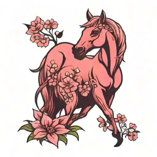 pink horses grazing on flowers tattoo design idea