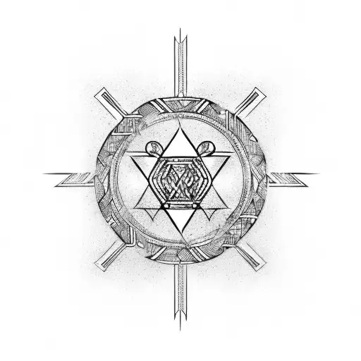 A long vertical straight line with perfect geometric formations on it and Viking symbols and runes all along the vertica tattoo design idea